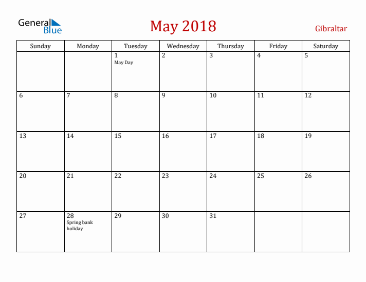 Gibraltar May 2018 Calendar - Sunday Start