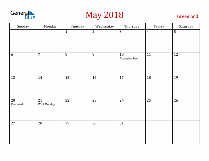 Greenland May 2018 Calendar - Sunday Start
