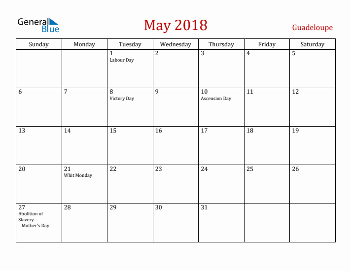 Guadeloupe May 2018 Calendar - Sunday Start