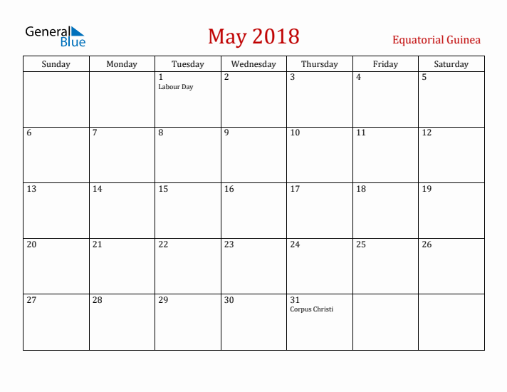 Equatorial Guinea May 2018 Calendar - Sunday Start