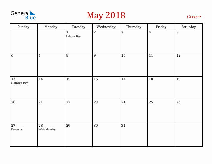 Greece May 2018 Calendar - Sunday Start