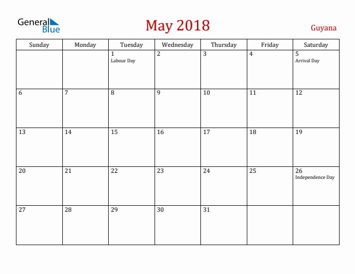 Guyana May 2018 Calendar - Sunday Start