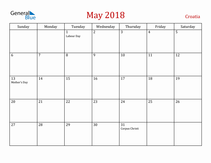 Croatia May 2018 Calendar - Sunday Start