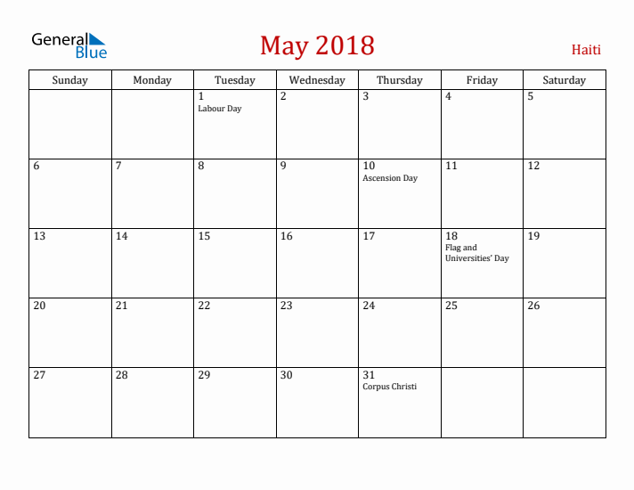 Haiti May 2018 Calendar - Sunday Start