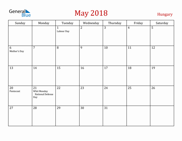 Hungary May 2018 Calendar - Sunday Start