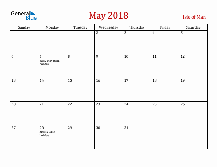 Isle of Man May 2018 Calendar - Sunday Start