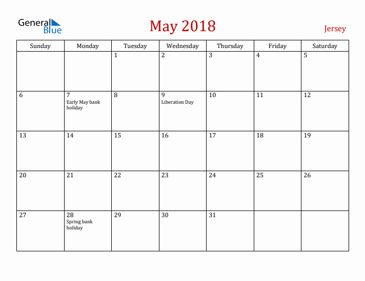 Jersey May 2018 Calendar - Sunday Start