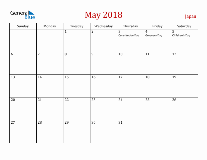 Japan May 2018 Calendar - Sunday Start