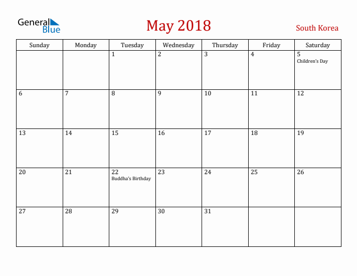 South Korea May 2018 Calendar - Sunday Start
