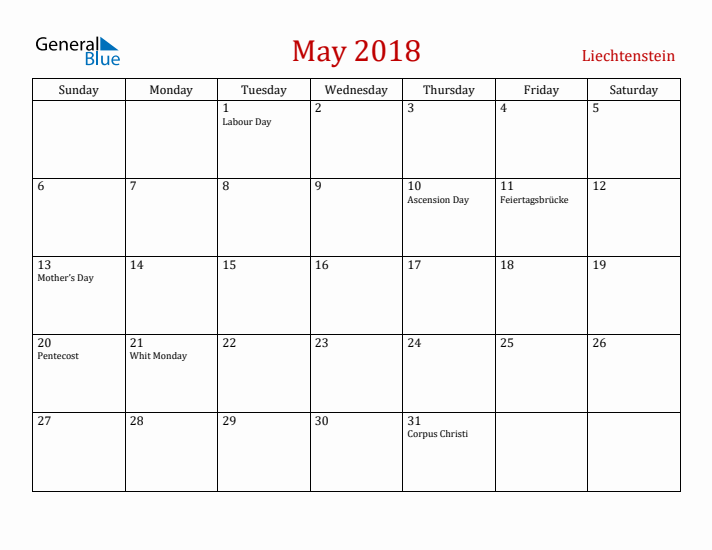 Liechtenstein May 2018 Calendar - Sunday Start