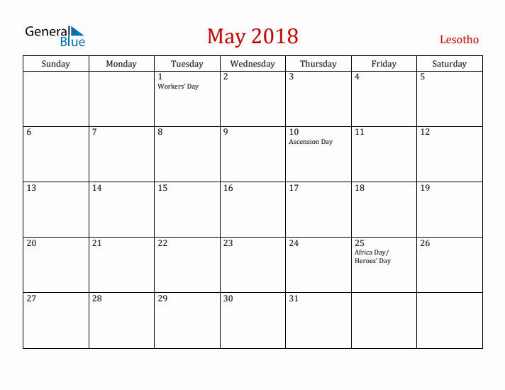 Lesotho May 2018 Calendar - Sunday Start