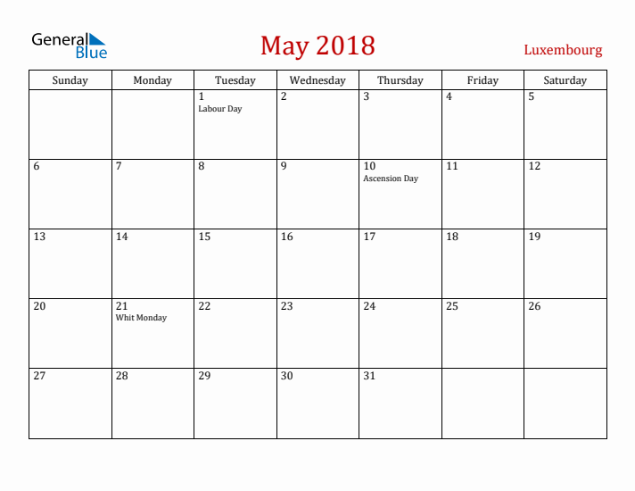 Luxembourg May 2018 Calendar - Sunday Start