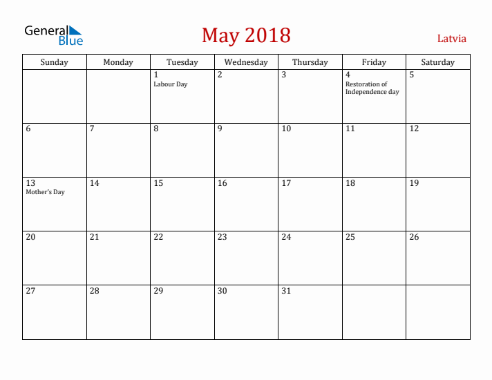 Latvia May 2018 Calendar - Sunday Start