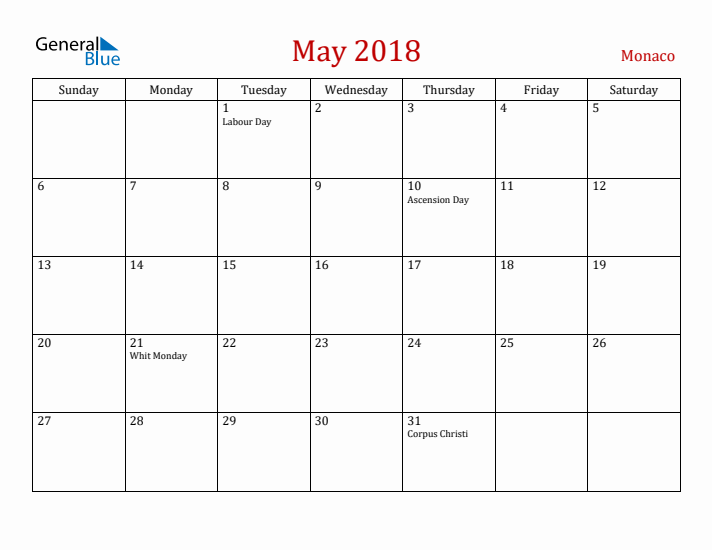 Monaco May 2018 Calendar - Sunday Start