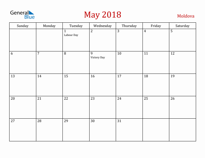 Moldova May 2018 Calendar - Sunday Start
