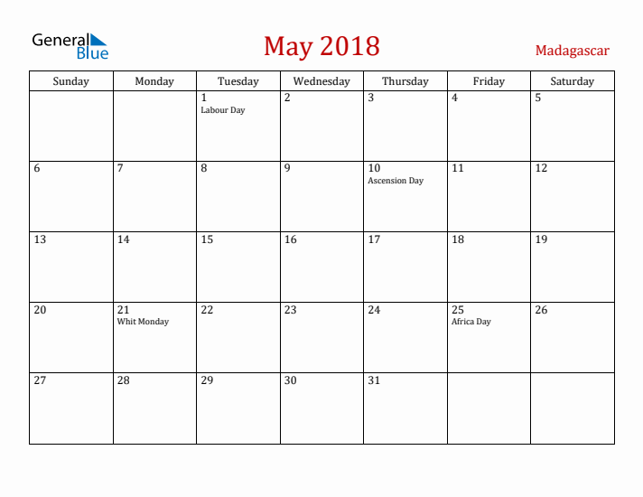 Madagascar May 2018 Calendar - Sunday Start