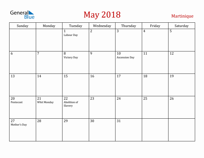 Martinique May 2018 Calendar - Sunday Start