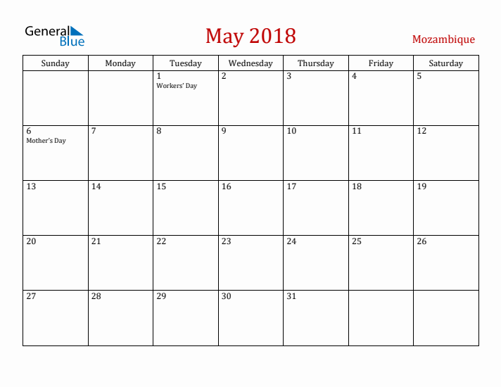 Mozambique May 2018 Calendar - Sunday Start
