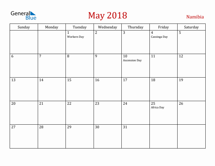 Namibia May 2018 Calendar - Sunday Start