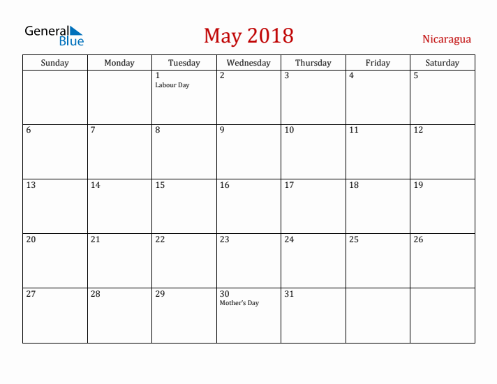 Nicaragua May 2018 Calendar - Sunday Start