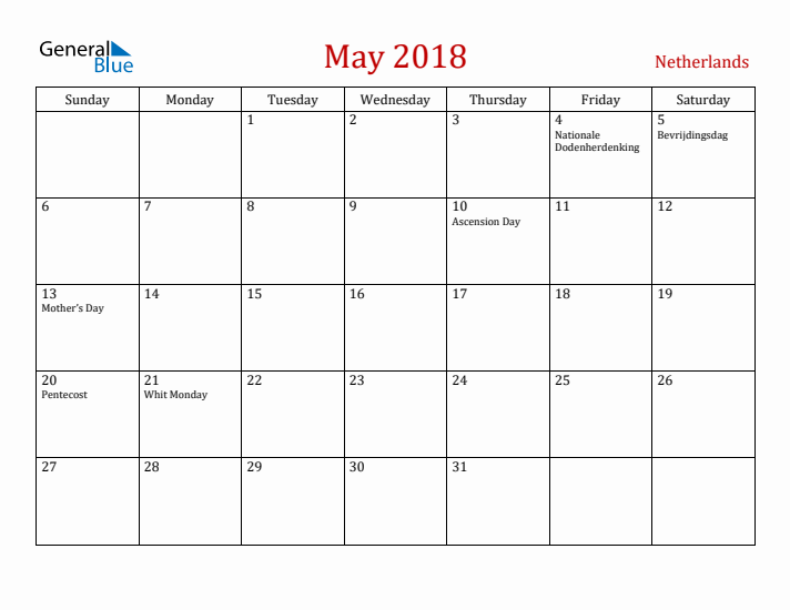 The Netherlands May 2018 Calendar - Sunday Start