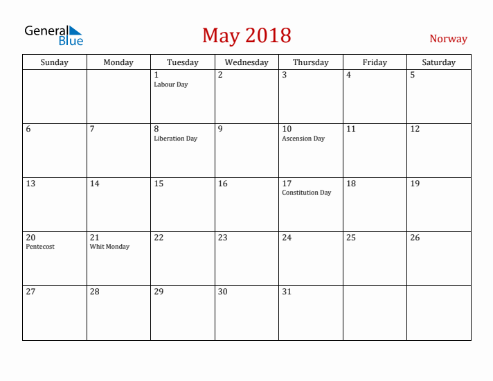 Norway May 2018 Calendar - Sunday Start