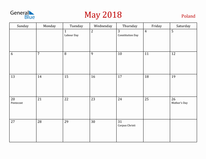 Poland May 2018 Calendar - Sunday Start