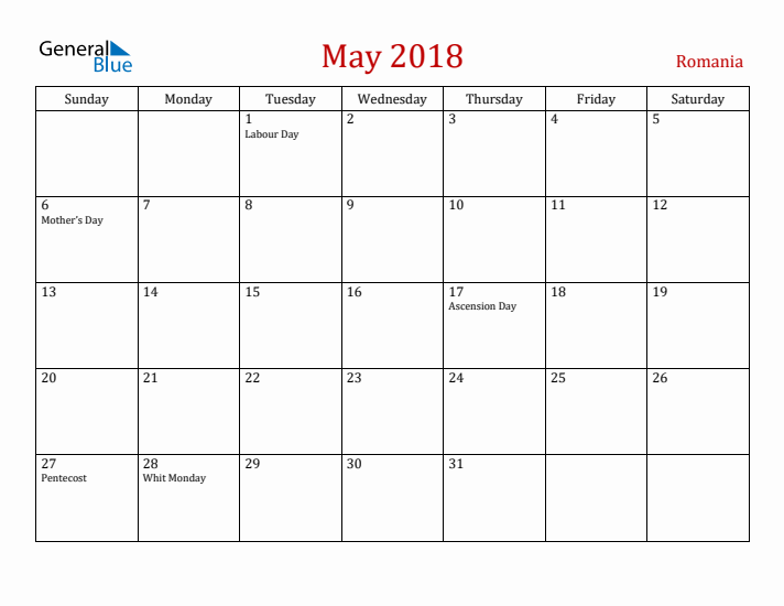 Romania May 2018 Calendar - Sunday Start