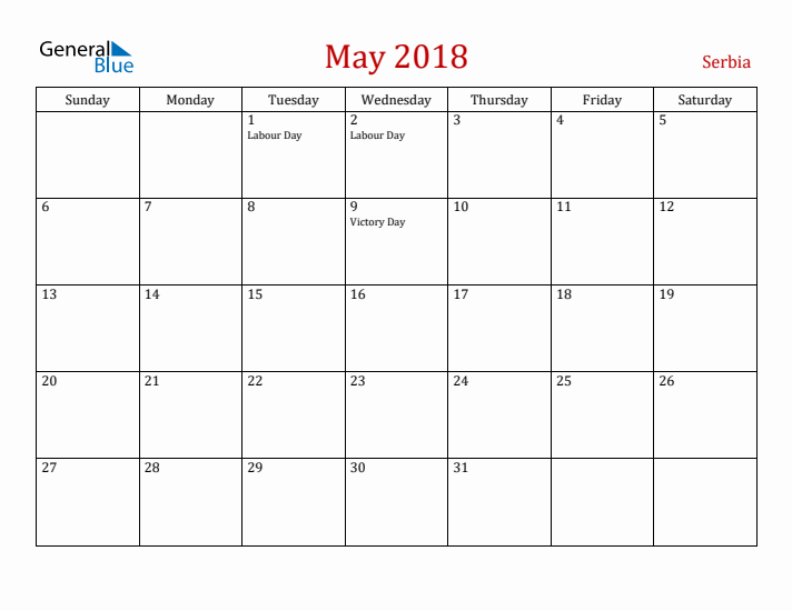 Serbia May 2018 Calendar - Sunday Start