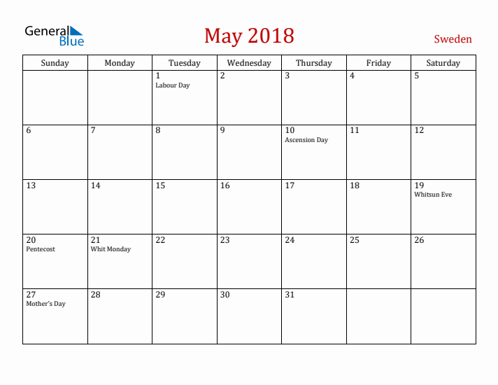 Sweden May 2018 Calendar - Sunday Start