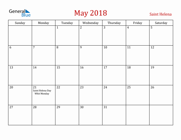 Saint Helena May 2018 Calendar - Sunday Start