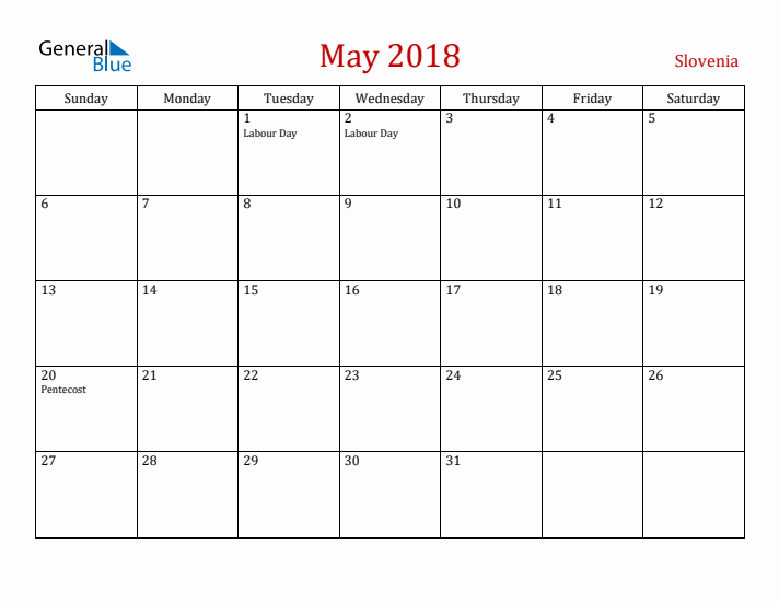 Slovenia May 2018 Calendar - Sunday Start