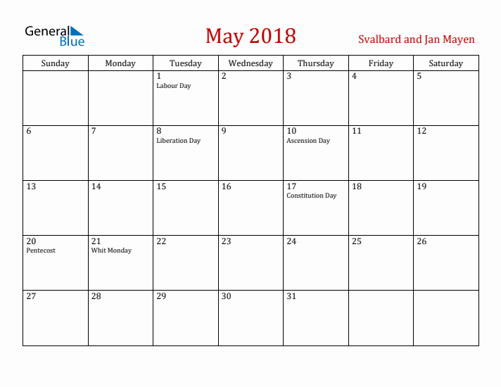 Svalbard and Jan Mayen May 2018 Calendar - Sunday Start