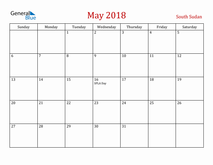 South Sudan May 2018 Calendar - Sunday Start