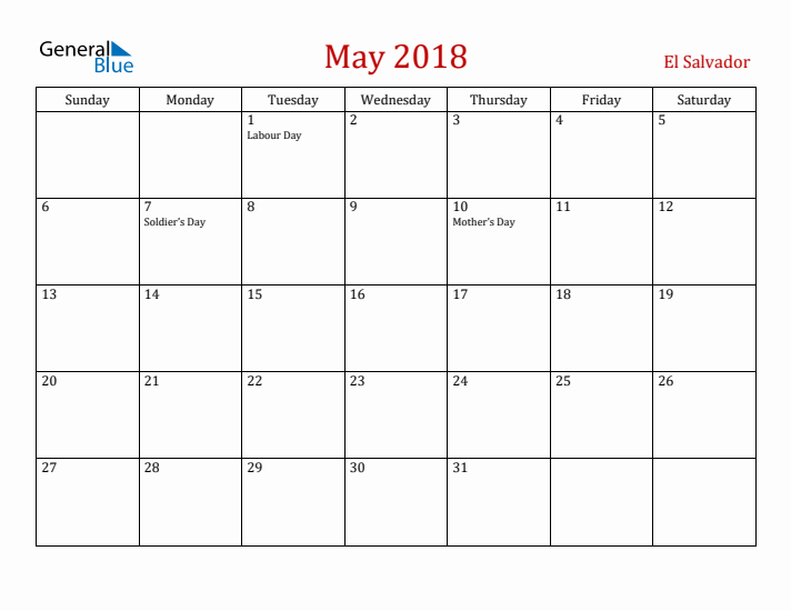 El Salvador May 2018 Calendar - Sunday Start