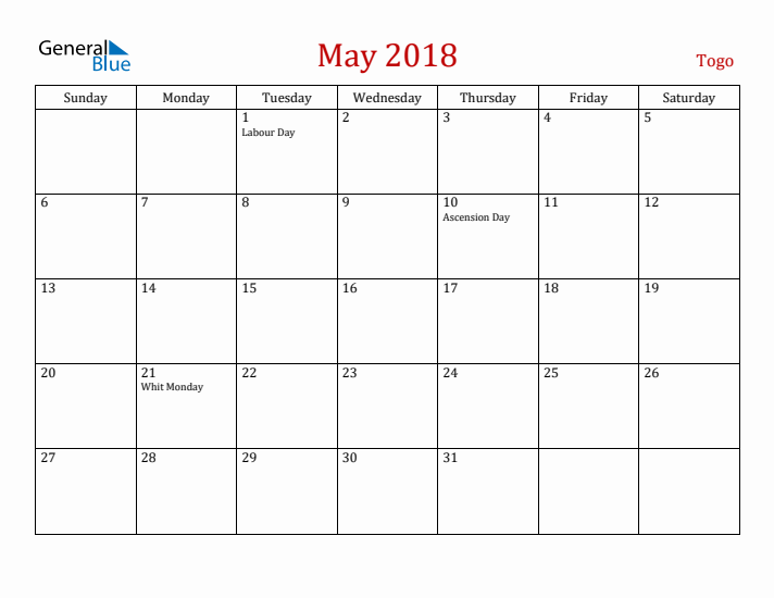 Togo May 2018 Calendar - Sunday Start