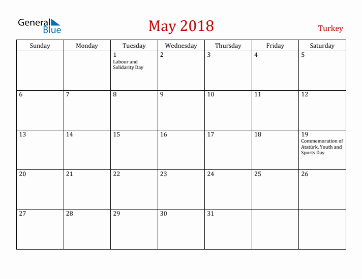 Turkey May 2018 Calendar - Sunday Start