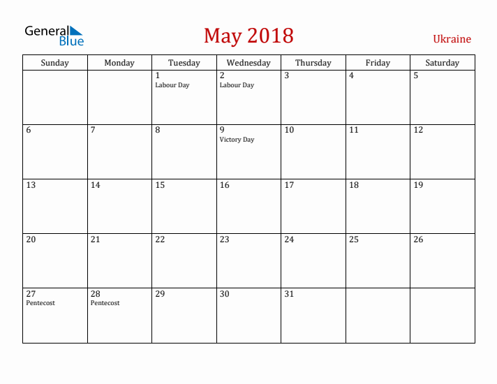 Ukraine May 2018 Calendar - Sunday Start