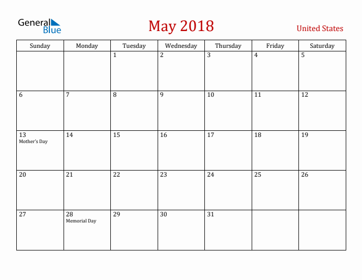 United States May 2018 Calendar - Sunday Start