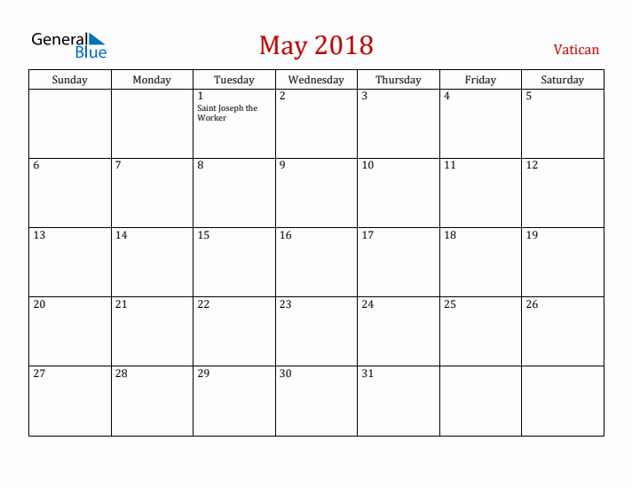 Vatican May 2018 Calendar - Sunday Start
