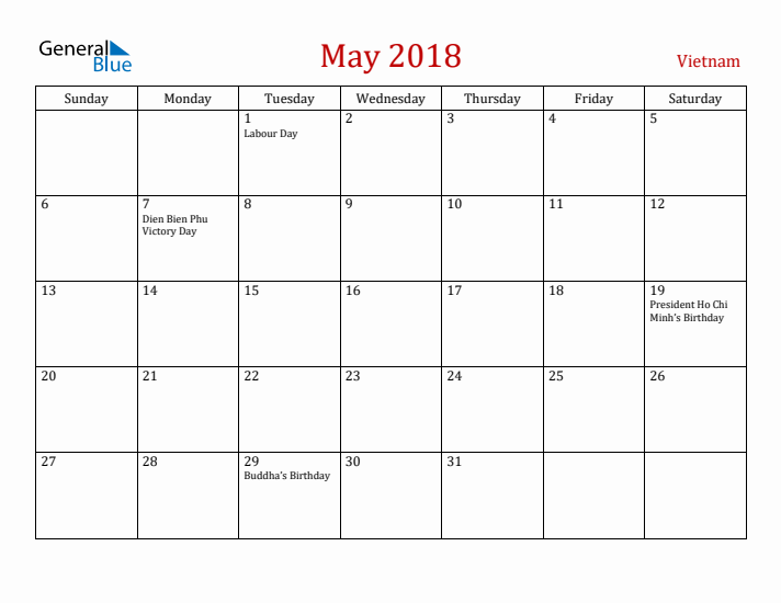 Vietnam May 2018 Calendar - Sunday Start