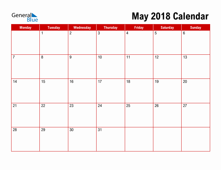 Simple Monthly Calendar - May 2018