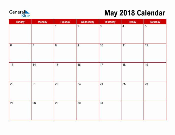 Simple Monthly Calendar - May 2018