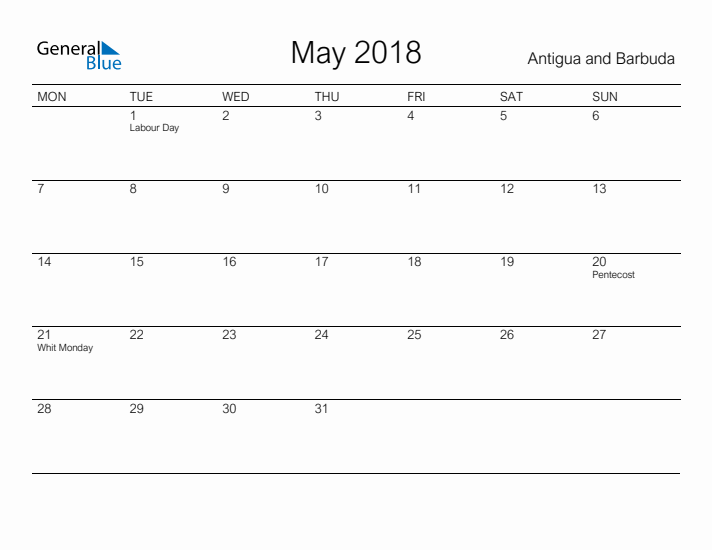Printable May 2018 Calendar for Antigua and Barbuda