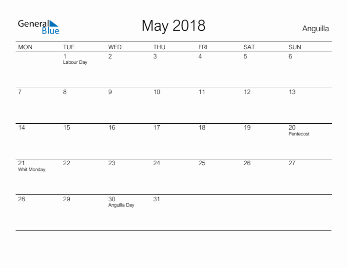 Printable May 2018 Calendar for Anguilla