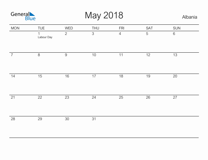 Printable May 2018 Calendar for Albania