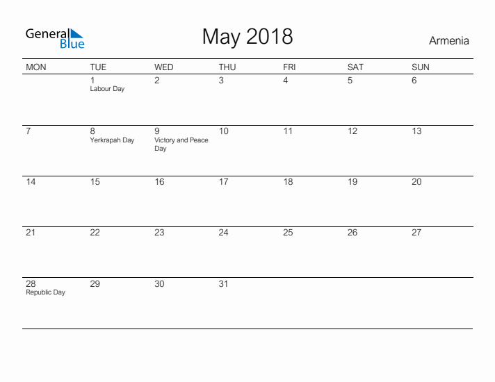 Printable May 2018 Calendar for Armenia