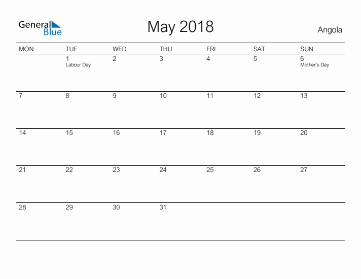Printable May 2018 Calendar for Angola