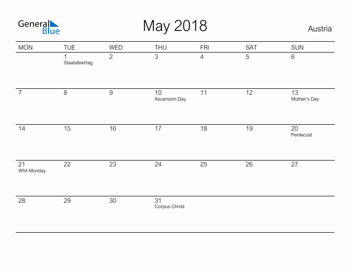 Printable May 2018 Calendar for Austria