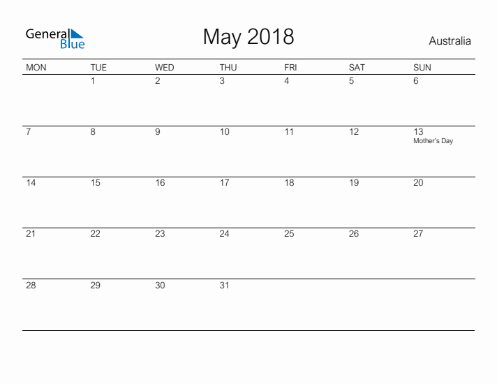 Printable May 2018 Calendar for Australia